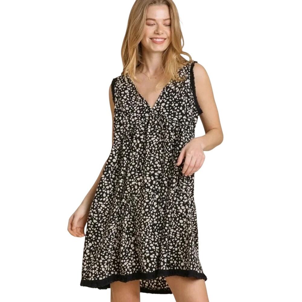 Umgee Babydoll Linen Cotton Boho Mini Dress Size L Pockets Tie Back Deep V Neck